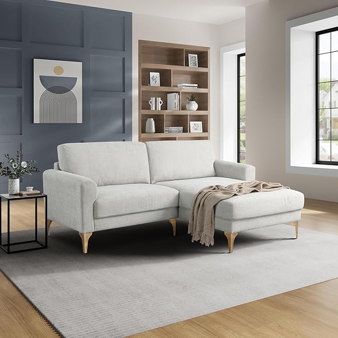 Studio Living® Matthew 83.5 Sofa Chaise Mid-Century Modern Pocket Coil Comfort Reversable Chaise Metal Brushed Bronze Legs Chenille Fabric Ivory