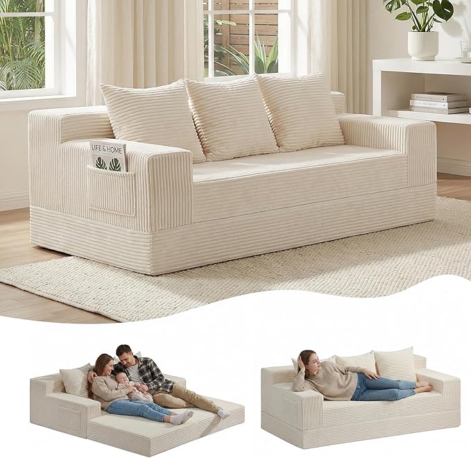Boneless Couch 78 Inch 2 in 1 Convertible Sofa Bed Corduroy 3 Seater Fold Out Couch Oversize Boneless Loveseat Sleeper Sofa with 3 Pillows for Living Room Bedroom &amp Apartment