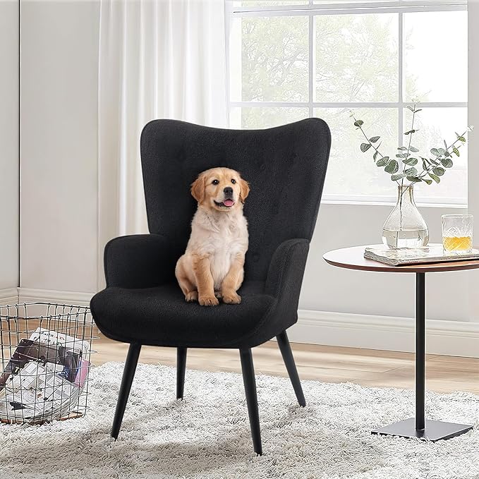 Furnimart Mid-Century Modern Accent Chairs Set of 2 Black Sherpa Wingback Reading Chairs with High Backrest Armchair for Living Room Bedroom Waiting Room