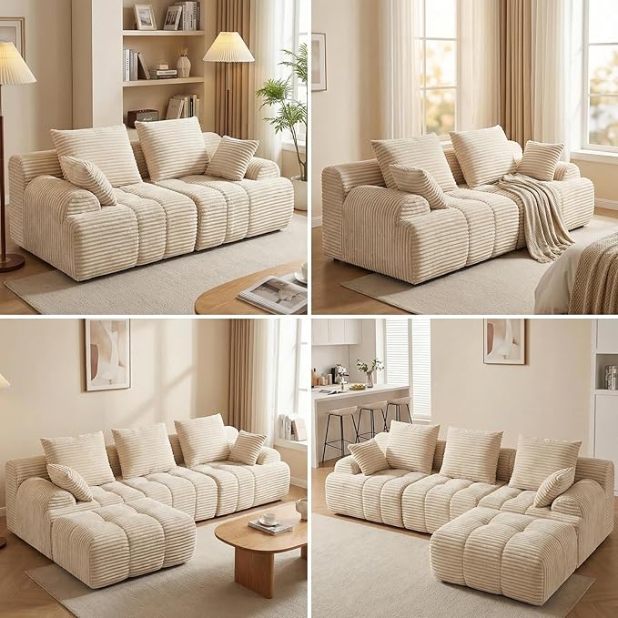 Corduroy L-Shaped Compressed Boneless Sectional Sofa with Ottoman - Retro Soft Upholstered Modular Couch for Living Room &amp Small Apartment Cloud-Like Contouring Seating (Beige)
