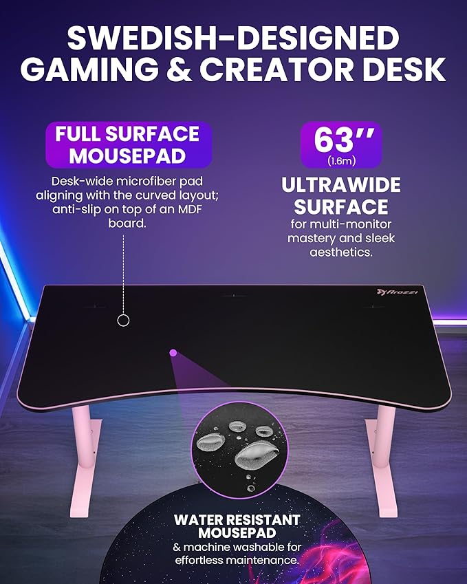 Arozzi Arena Large Gamer Desk - 63x32” Adjustable Height PC Gaming Desk with Storage for Cables &amp Triple-Monitor Support - Full-Surface Washable Mousepad - Pink