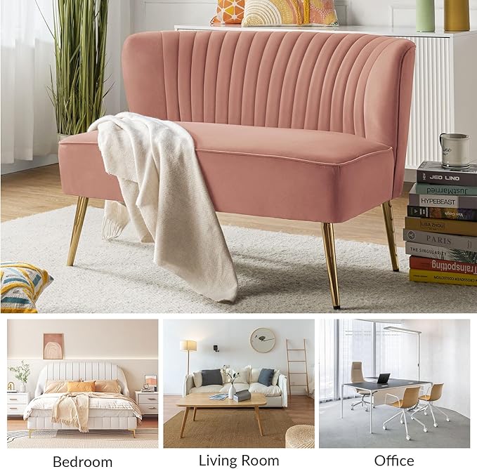 HULALA HOME Velvet Loveseat Sofa with Gold Legs Mid-Century Modern Upholstered Love seat Couch Tufted Small 2-Seat Sofa Armless for Living Room Bedroom Apartment Small Spaces Pink