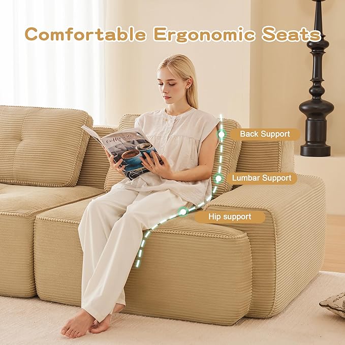 Modular Sectional Boneless Sofa 150” Corduroy L Shaped Sofa Couch with Movable Ottoman Modern 4-Seat Sofas Comfy Deep Seat Couches for Living Room Apartment No Assembly Camel