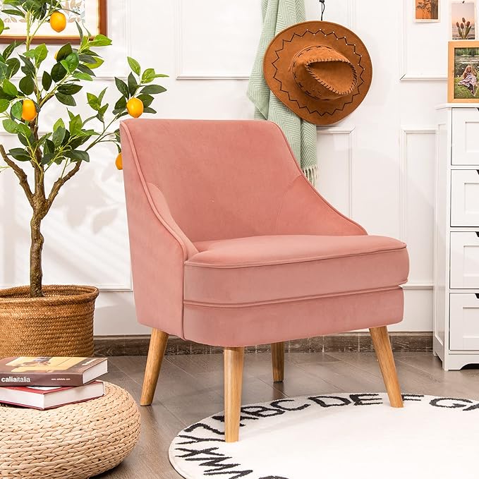 Giantex Set of 2 Velvet Accent Chairs Mid Century Single Sofa Chair w/Rubber Wood Legs Comfy Slipper Chair Upholstered Armless Leisure Side Chair for Living Room Bedroom Meeting Room Pink