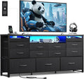 WLIVE Black TV Stand for 55 60 65 inch TV Entertainment Center with LED Lights &amp Charging Station TV Media Console Table with 13 Fabric Drawers and Open Shelves for Living Room Hallway Wood