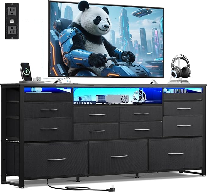 WLIVE Black TV Stand for 55 60 65 inch TV Entertainment Center with LED Lights &amp Charging Station TV Media Console Table with 13 Fabric Drawers and Open Shelves for Living Room Hallway Wood