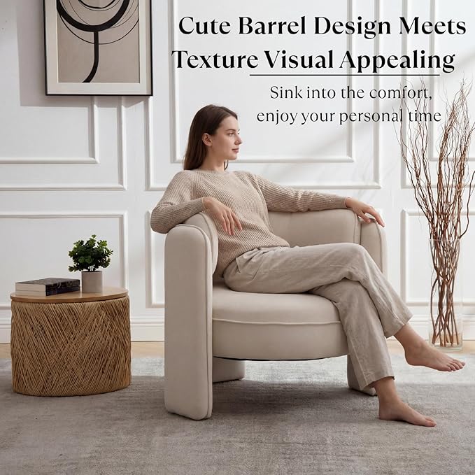 Modern Accent Chair Velvet Upholstered Lounger Chair with Barrel Back Solid Wood Legs Mid Century Comfy Accent Armchair Cozy Side Chair for Living Room Bedroom Beige