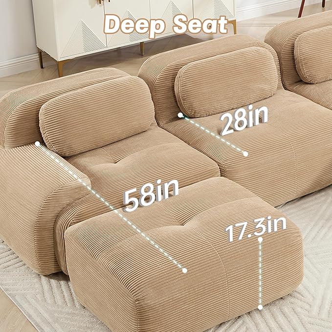 Modular Sectional Sofa Boneless Couch Cloud Sectional Couches for Living Room Oversized L Shaped Couch with Deep Seat and Ottoman Comfy Corduroy Upholstery Camel Couches No Assembly(3S+1O)