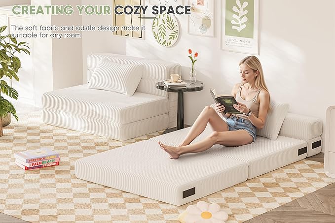 Homall Folding Sofa Bed Floor Couch Convertible Sleeper Chair with Pillow Comfy Futon Lounge Sofas Portable Fold Out Chair Bed for Living Room Small Space (Corduroy Cream)