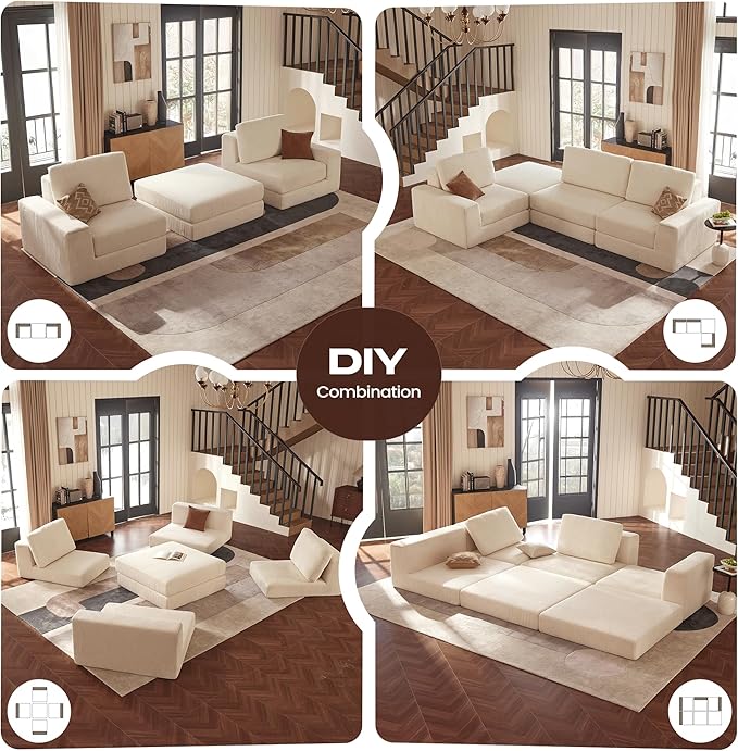 Modular Sectional Sofa 120.47 Modern Cloud Couch Sectional Sofa with U-Shaped Chaise Comfy Corduroy Fluffy Couch with Deep Seat Boneless couches for Living Room Bedroom White