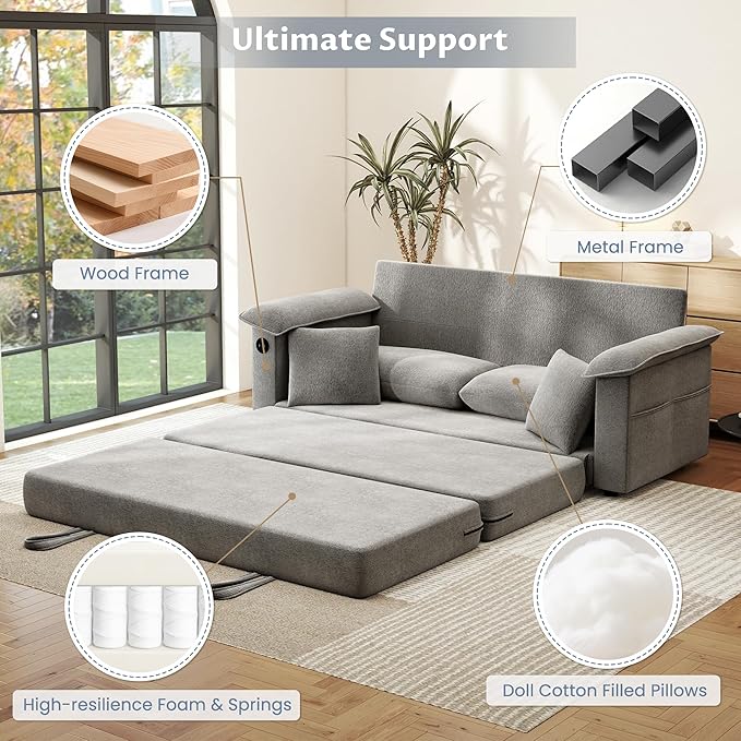 SUNWAVE Oversized Loveseat Sleeper Sofa 77 Convertible Sofa Bed 2-Seat Pull Out Couch w/USB Chenille Queen Folding Sofa Bed for Living Room Small Spaces Bedroom (Gray)