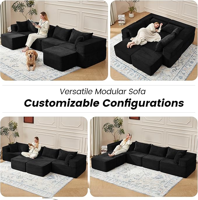 HOMREST 131 Cloud Couch Sectional U Shaped Modern Sofa with 2 Ottomans Comfy Corduroy Fabric Modular Sectional Sofa in a Box Boneless Couches for Living Room No Assembly Required (Black)