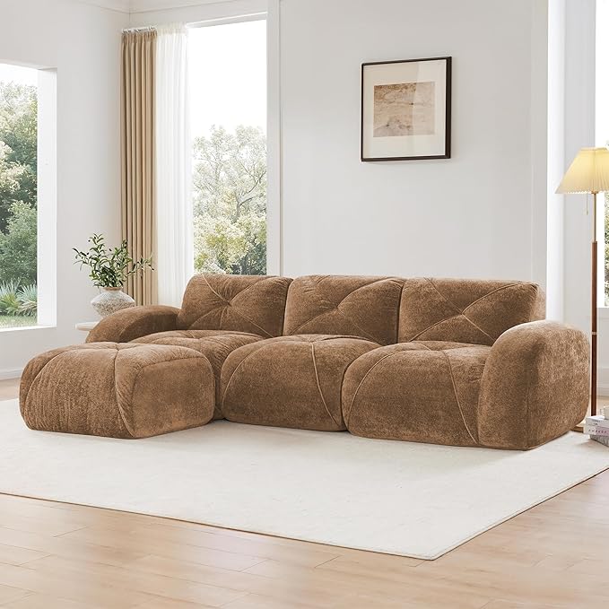 110-Inch Cloud Sectional Couches L-Shaped 4 Seat Boneless Modular Sofa with Ottoman Velvet Tufted Upholstered Boneless Couch Floor Full Foam Sofas for Living Room