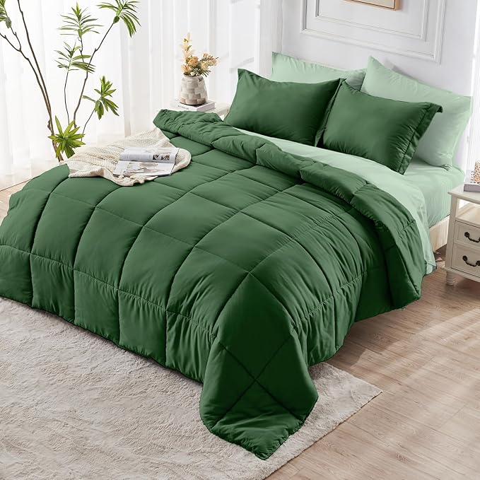 JOLLYVOGUE California King Comforter Set Ultra-Soft Bed in a Bag 7 Pieces Oeko-TEX Certified Bedding Set with Down Alternative Comforter Sheets Pillowcases &amp Shams Dark Green &amp Light Gree