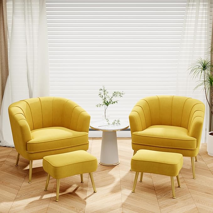 Velvet Accent Chairs with Ottoman for Living Room Bedroom Office Leisure Upholstered Single Sofa Chair Arm Chair Comfy Chair Reading Club Coffee Chair with Metal Legs Yellow