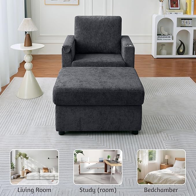 34.25 Accent Chairs with Storage Ottoman Set Upholstered Living Room Chairs for Reading Chair with Chaise Lounge Chairs Indoor Comfortable Armchair for Bedroom (Gray 34.25)