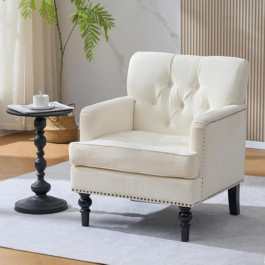 Club Chair Accent Chair Tufted Upholstered Button Armchair Linen Fabric Sofa Chairs for Bedroom Living Room Mid Century Modern Reading Chair