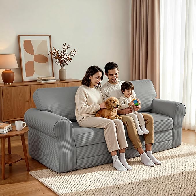 Claiks 83 Corduroy Loveseat Sofa for Living Room Boneless Sofa with Wide Rounded Armrest Deep Cushioned Couch with Lock-Stitched Edges Skin-Friendly Cloud Couch White Light Grey | Corduroy Bone