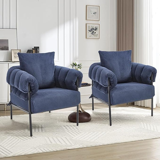Modern Velvet Accent Chairs Set of 2 Comfy Large Living Room Sofa Chair Upholstered Fabric Armchair with Pillow and Metal Legs for Office/Bedroom/Reading Blue