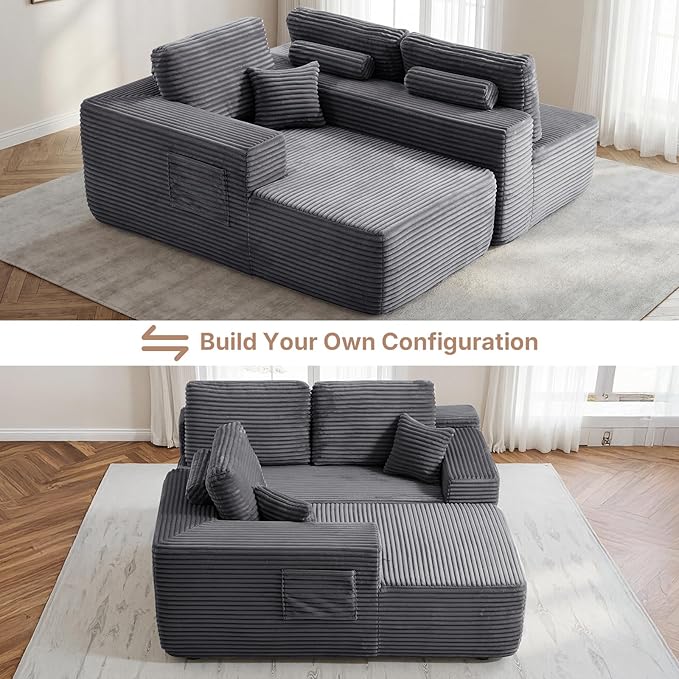 104 inch Boneless L-Shaped Sectional Sofa with Throw Pillow &amp Side Pockets- No Assembly Compressed Modular Couch Memory Foam Deep Seat for Living Room Bedroom Apartment Grey Left