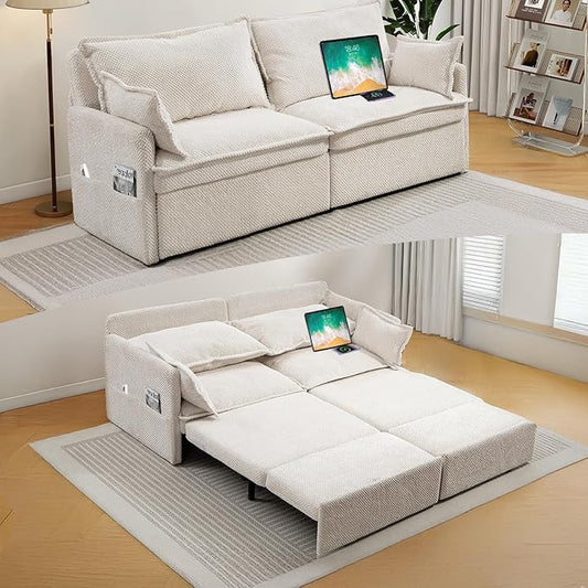 3 in 1 Convertible Sofa Bed-King Size Sofa Bed 74'' Corduroy Pull Out Couch with Side Pocket Loveseat Sofa with USB/Type-C Ports Sleeper Sofa Couches for Living Room Apartment (Beige)
