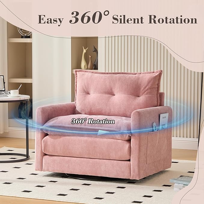 Oversized 360° Swivel Accent Armchair Nursing Chair and a Half with Side Pockets and Wide armrest Solid Metal Base Comfortable Single Sofa Chair for Living RoomBedroom Reading Room (Pink)