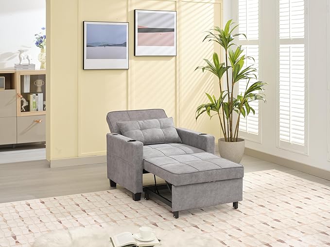 Futon Chair Bed Convertible Sleeper Chair3-in-1 Lazy Chair with USB PortsPull Out Chair Sleeper for Living Room Office Apartment (Tech cloth Light Grey)