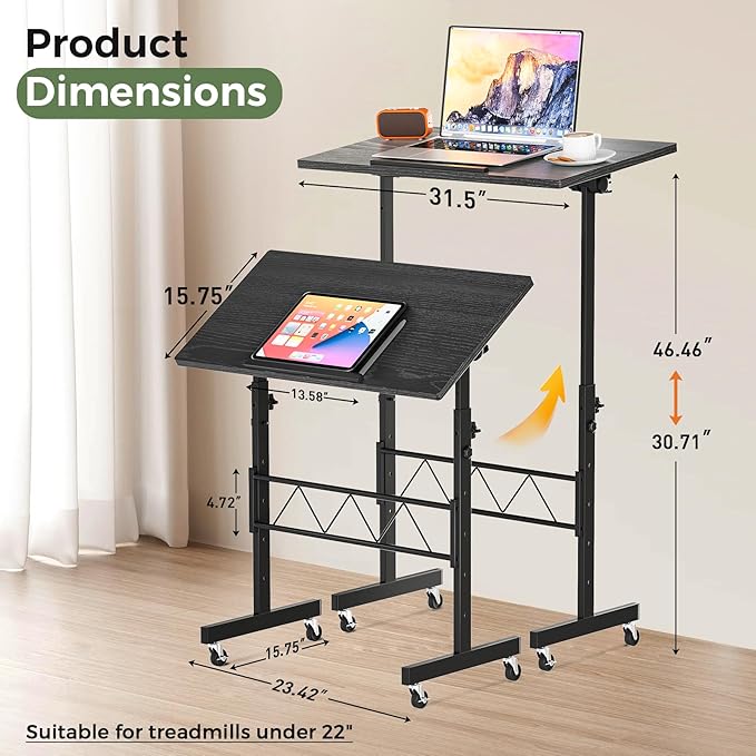 GTPLAYER Small Standing Desk Adjustable Height 30.7-46.4 Portable Computer Table Mobile Desk Workstation Stand Up Desk with Wheels Compact Rolling Table for Home Work Treadmill Walking Pad Black