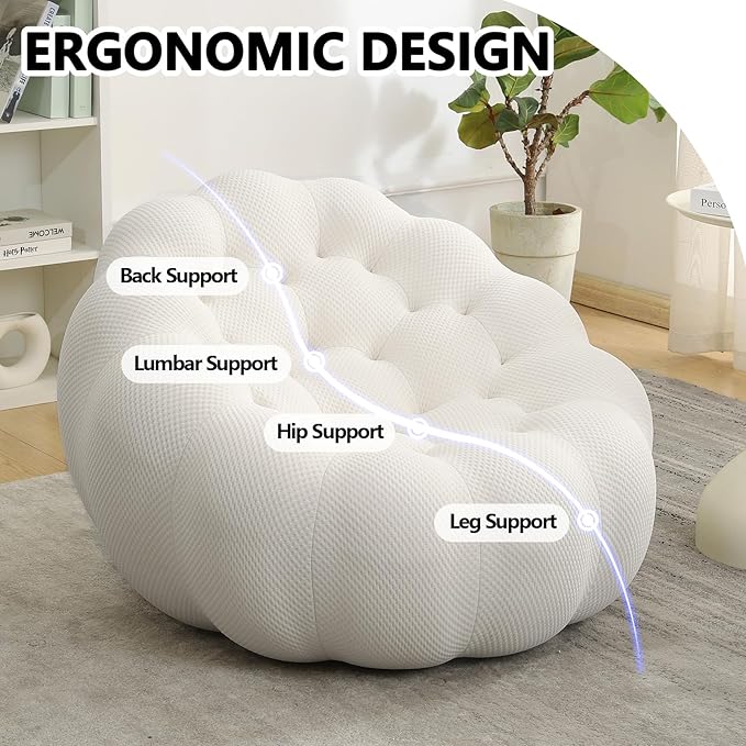 Bean Bag Grey Chair for Bedroom Small Comfy Chairs for Living Room Small Space Comfortable Corner Reading Chair for Adults/Teens No Assembly Required 350 LBS Capacity (White)