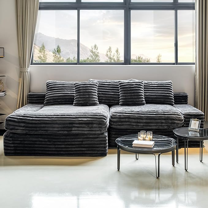 Grey sectional couches for Living Room-Corduroy Couch118 Cloud Sectional Couch with L-Shape Chaise Modern Modular Sofa Deep Seat Comfort No Assembly Required