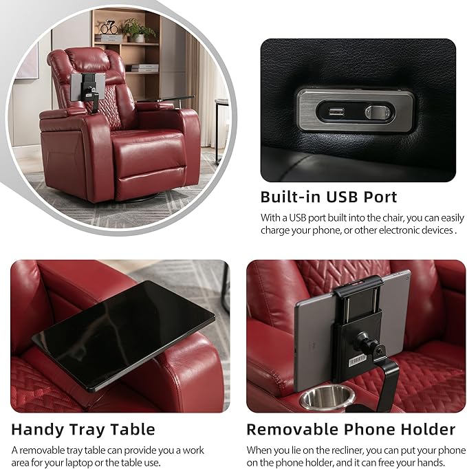 270 Degree Swivel Chair PU Leather Power Recliner Individual Seat with Comforable Backrest Tray Table Phone Holder Cup Holder USB Port Hidden Arm Storage for Living Room Home Theater Red