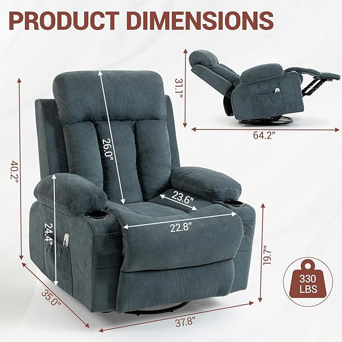 Swivel Recliner Chair for Adults w/Vibration Massage and Heating 360° Rocker Glider Recliner w/Cup Holder and USB Charge Port for Living Room Bedroom Blue