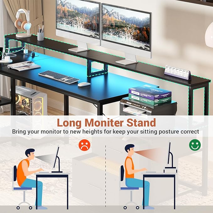 Aheaplus L Shaped Desk with File Drawer 72.8 Reversible L Shaped Computer Desk with Power Outlet &amp LED Strip Gaming Desks with Long Monitor Stand Corner Office Desks with Storage Shelf Black