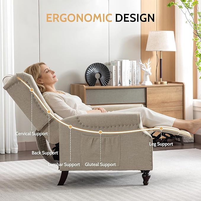BINGTOO Push Back Recliner Chair with Massage and Heat Mid Century Tufted Fabric Wingback Chair with Rivet Decoration for Living Room Bedroom Beige 2 Chairs