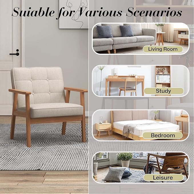 KCC Mid-Century Modern Linen Fabric Accent Chair Set of 2 Upholstered Tufted Leisure Chair Comfy Reading Side Chair with Armrest and Solid Wood Frame for Living Room Bedroom Balcony(Beige)