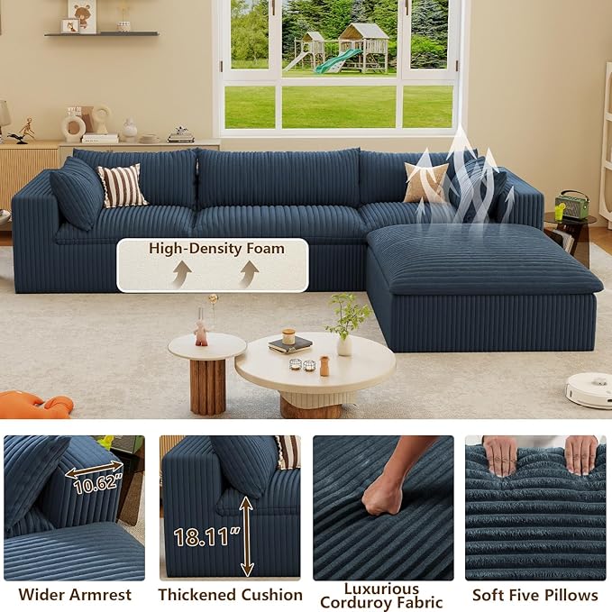 Modular Sectional Sofa Corduroy Plush L Shape Cloud Couch Modern Deep Seat Boneless Couches for Living Room Large Compression Sofas Luxury Fluffy Couchs Sectionals Blue