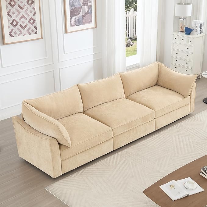 Aoowow Modular Sectional Sofa with Pullout Storage Seat 112.6” Chenille Comfy 3-Seat Sofa Couch Upholstered Deep Seat Couches with Armrests for Living Room Apartment OfficeWheat