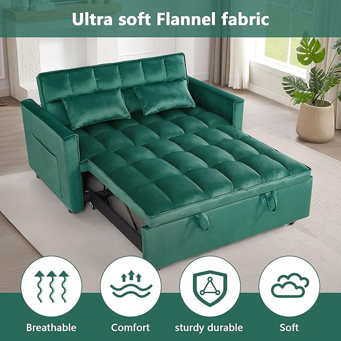 54 Convertible Sofa Bed Velvet Sleeper Sofa with Pull-Out Bed 3-in-1 Futon Couch with Reclining Backrest and Side Pocket Modern Loveseat for Living Room (Dark Green)