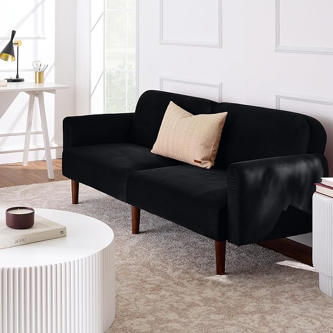 Best Choice Products 77 Mid Century Modern Velvet Loveseat Sofa Couch Convertible Sofa Sleeper Bed w/Real Wood Removable Armrest - Onyx Black