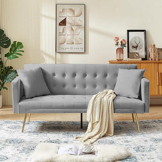 Anwick 72 Modern Velvet Sofa Bed FutonConvertible Folding Sleeper Bed Couches with 3 Adjustable BackrestsTufted Recliner Loveseat with Golden Chrome Legs for Small Living Room Office (Grey)
