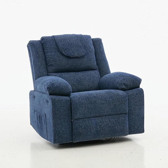 Swivel Rocker Recliner Chair for Adults with Massage and Heat Oversized Linen Fabric Glider Nursery Chair with Deep Seat High Backrest Upholstered Single Sofa for Living RoomBlue