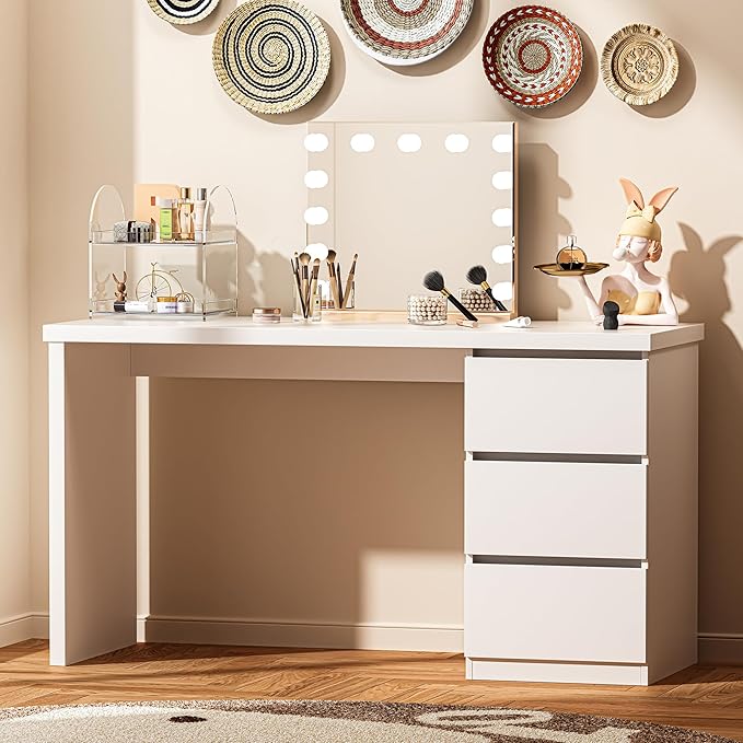furtble White Desk with Drawers 53'' W Home Office Computer Desk Gaming Table Modern Vanity Desk with Storage Wood Writing Workstation for Bedroom Living Room