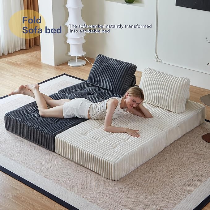 Convertible Floor Chair Bed Foldable Foam Sofa Mattress with Support Pillow Lightweight Single Fold Out Sleeper for Apartments Dorms (Beige Corduroy)