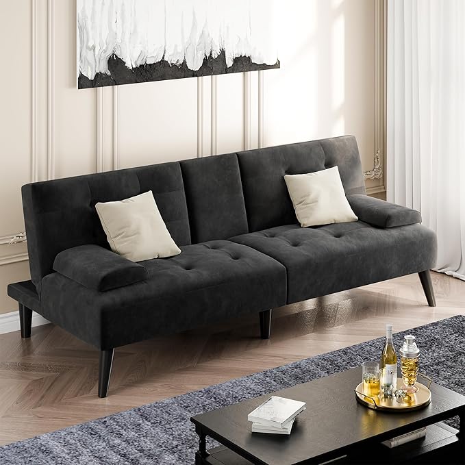 Shintenchi Futon Sofa Bed Velvet Foldable Couch Reclining Sleeper with Removable Armrests Upholstered Loveseat Sofa Couch with Folding Cup Holders for Home Office(Black)