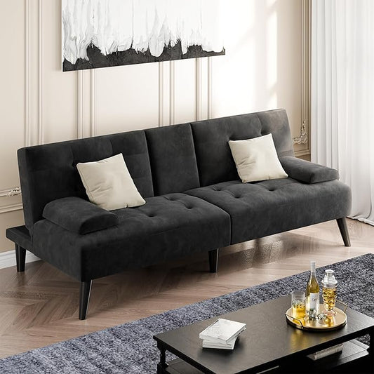 Shintenchi Futon Sofa Bed Velvet Foldable Couch Reclining Sleeper with Removable Armrests Upholstered Loveseat Sofa Couch with Folding Cup Holders for Home Office(Black)