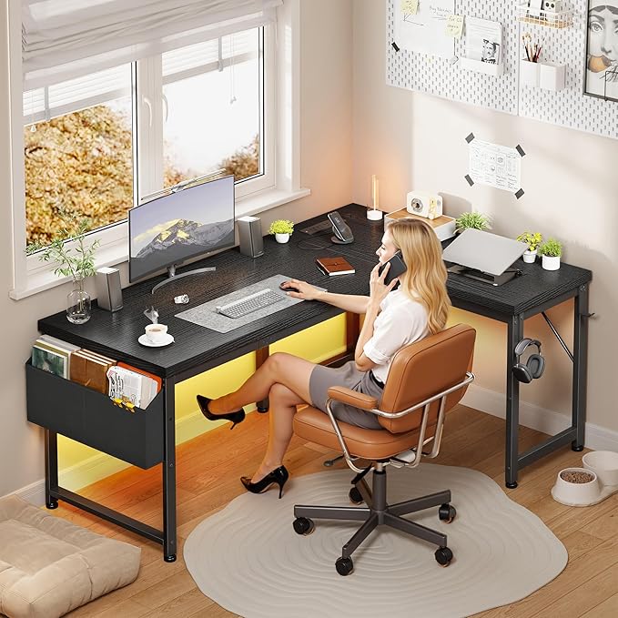 L Shaped Desk Gaming Desk with Power Outlets &amp 0.95 Inch Thicker Desktop Computer Desk with Storage Bag Corner Desk with LED Lights Reversible Office Desk for Home LivingBedroom Black
