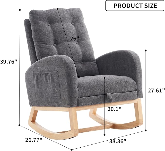 Rocking Chair with Foot Rest Nursery Glider Teddy Gliding Rocking Chair with Retractable Footrest Rubber Wood Legs Side Pocket High Back &amp Wide Seat Nursing Chair for Living Room (Gray)