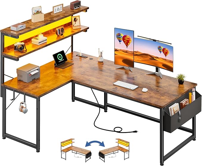 L Shaped Gaming Desk with LED Light &amp Power Outlet 53 Inch Reversible L Shaped Office Desk with Shelf &amp Storage Bag &amp Hook for Home Office Rustic Brown