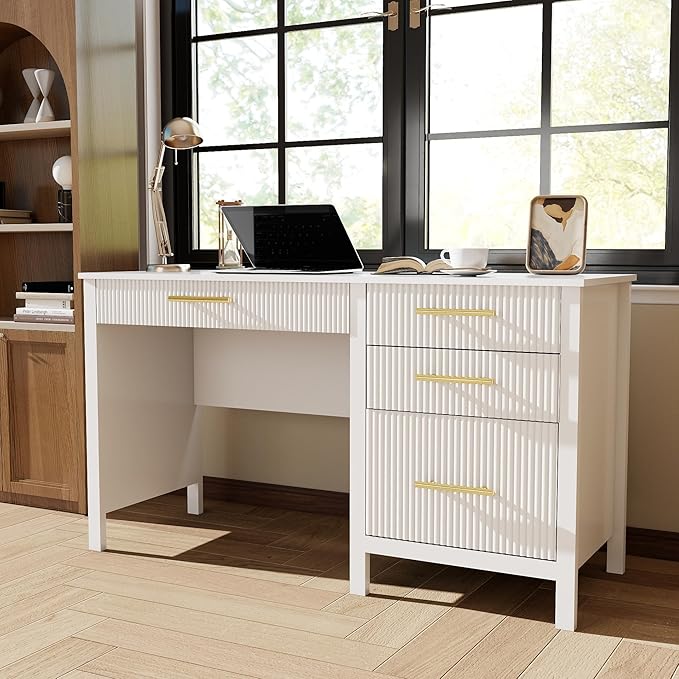 White Computer Desk with Storage: 54 Wooden Executive Office Desk with 4 Drawers Home Office Desks with File Drawers Fluted Writing Desks for Study Living Room