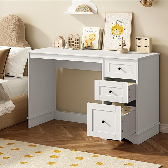 48”White Computer Desk with 3 Drawers Modern Office Desk with Storage Small Writing Desk for Bedroom Living Room Office